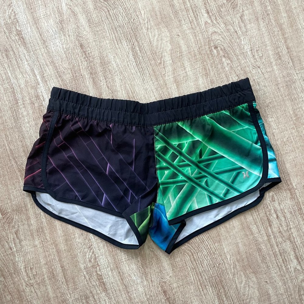 Hurley Surf Swim Board Shorts Black & Neon Geometric Low Rise Shorty L Large